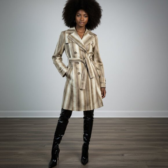 HELENA BERMAN LONDON FIT + FLARE SNAKE PRINT SATIN FEEL TRENCH COAT - Picture 13 of 14